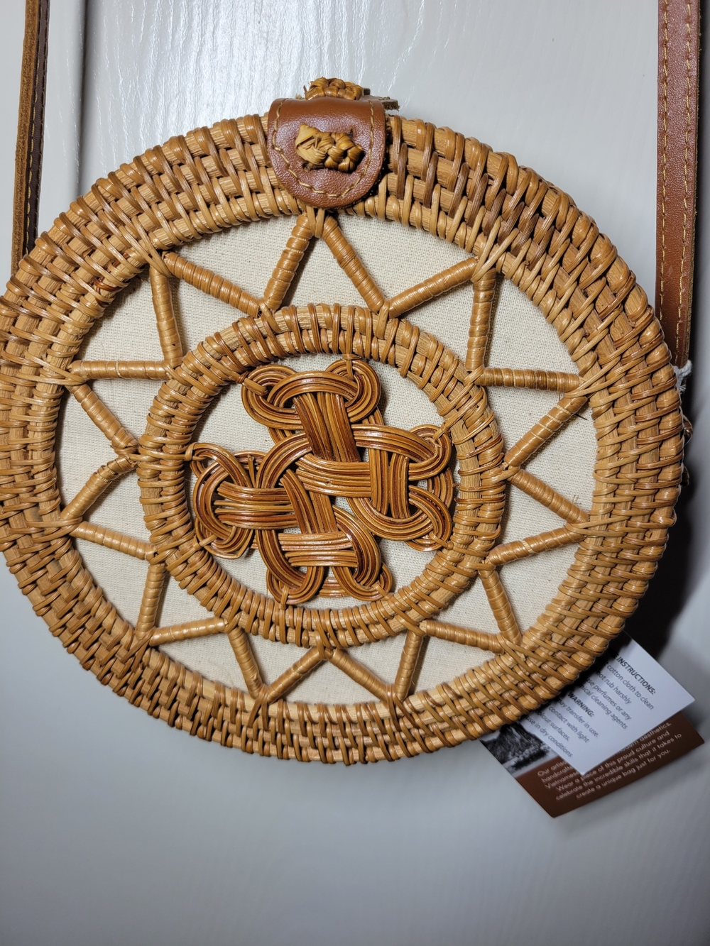 Boho Handcrafted Vietnamese Round Rattan Crossbody Bag - Star Weave NWT